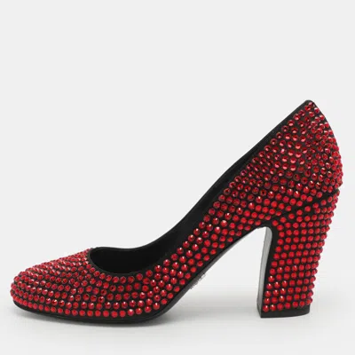 Pre-owned Prada Crystal Embellished Size 41 Red/black Satin Pumps