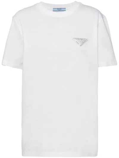 Prada T-shirt Mit Kristall-logo In Weiss
