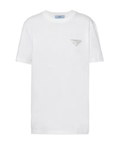 Prada Crystal-embellished Triangle Logo T-shirt In White