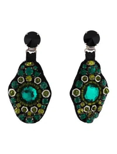Pre-owned Prada Crystal Embroidered Drop Clip-on Earrings In Black/green