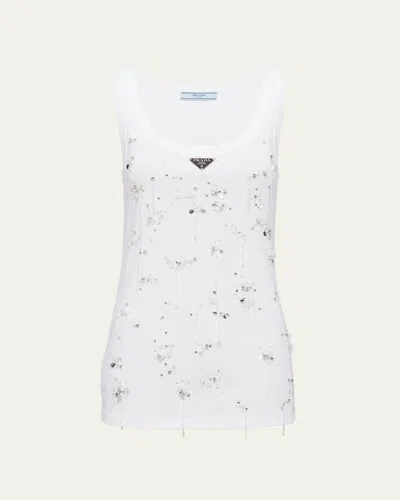 Prada Crystal Ribbed Tank Top In Bianco