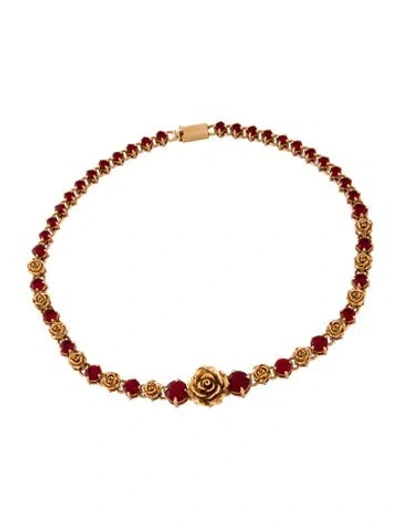 Pre-owned Prada Crystal Rose Collar Necklace, 20" In Red