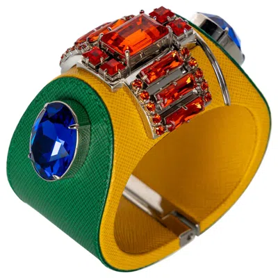 Pre-owned Prada Crystal Saffiano Leather Cuff Bracelet Spring 2014 In Multi