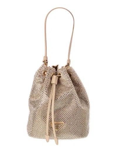 Prada Crystal-studded Mini Satin Bucket Bag In Neutral