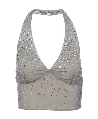 Prada Crystal-studded Tulle Top In Granite Gray