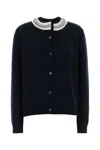 Prada Crystal-collar Wool Blend Cardigan In Navy