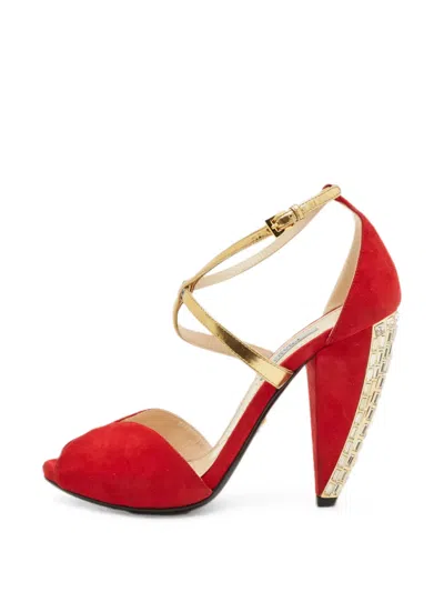 Pre-owned Prada Crystal-embellished Ankle-strap Sandals In Red