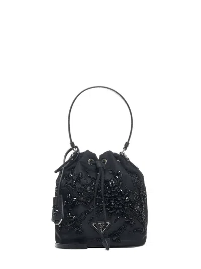 Prada Crystal-embellished Art Deco Embroidery Bucket Bag In Black