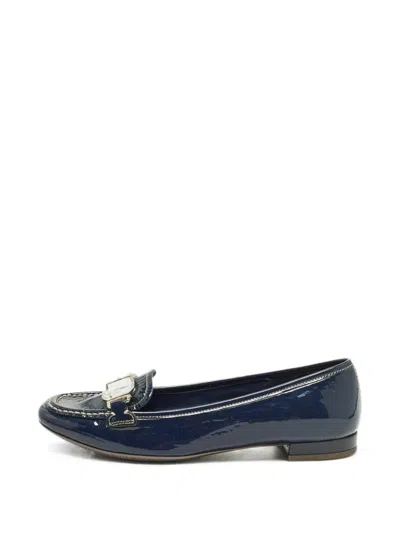 Pre-owned Prada Crystal-embellished Bow Loafers In Blue