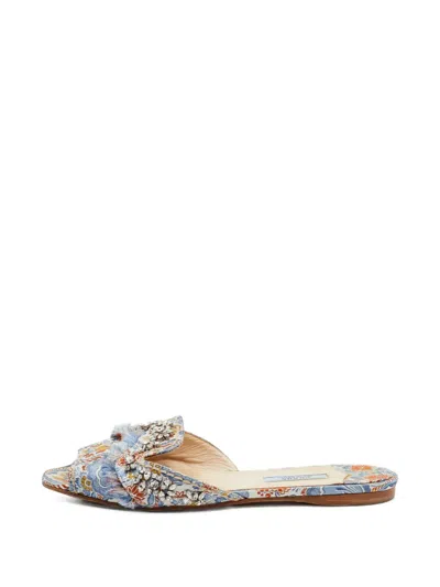 Pre-owned Prada Crystal-embellished Brocade Slide Sandals In Blue