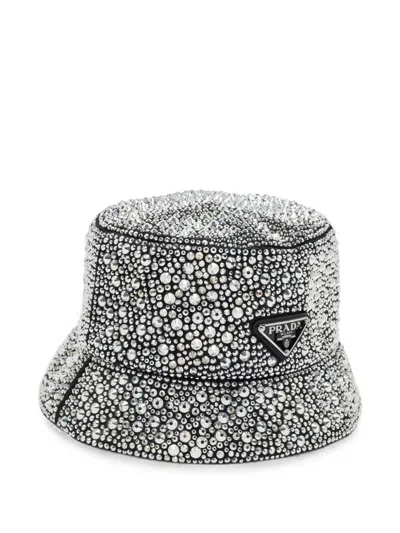 Pre-owned Prada Crystal-embellished Bucket Hat In Black