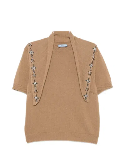 Prada Crystal-embellished Cashmere Jumper In Brown