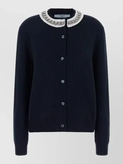 Prada Crystal-embellished Collar Cardigan In Blue