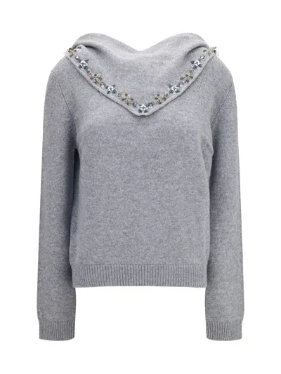 Prada Crystal-embellished Integrated Scarf Sweater In Gray