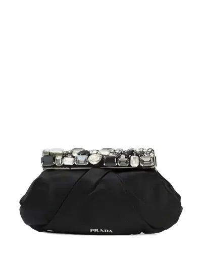 Pre-owned Prada Crystal-embellished Logo-lettering Clutch Bag In Black