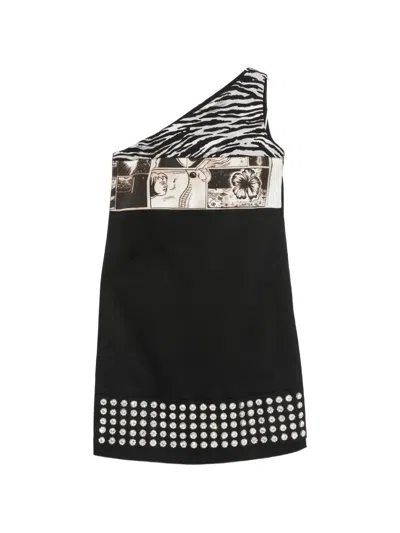 Pre-owned Prada Crystal-embellished One-shoulder Mini Dress In Black