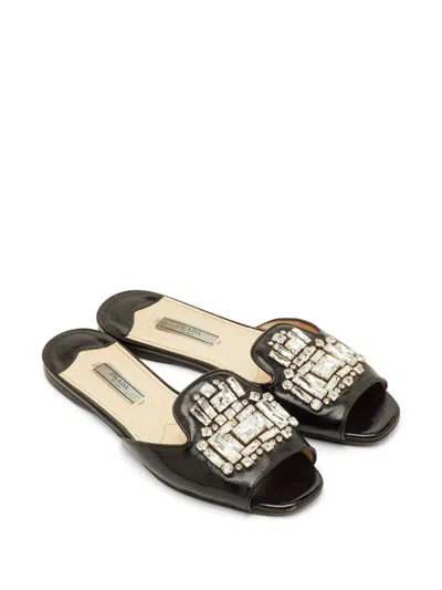 Pre-owned Prada Crystal-embellished Patent Leather Sandals In Black