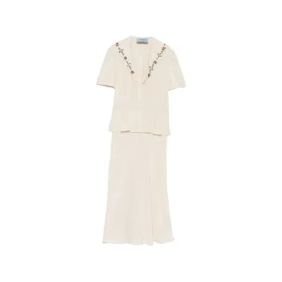 Prada Crystal-embellished Peplum-waist Midi Dress In White