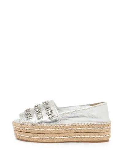 Pre-owned Prada Crystal-embellished Platform Espadrilles In Silver