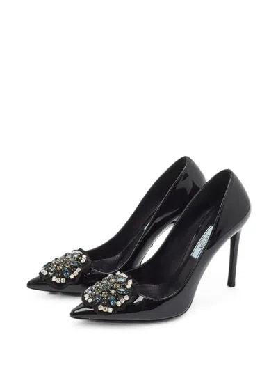 Pre-owned Prada Crystal-embellished Pointed-toe Pumps In Black