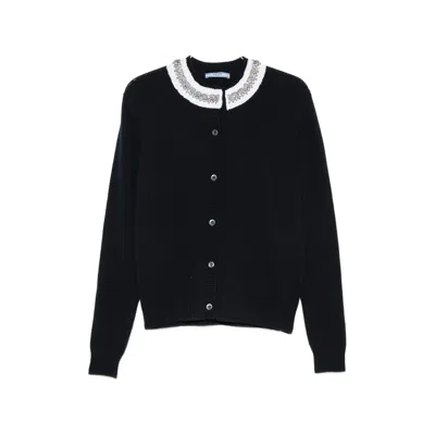 Prada Knit Cardigan Embellished Collar Long Sleeves In Black