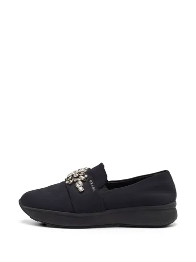 Pre-owned Prada Crystal-embellished Slip-on Sneakers In Black