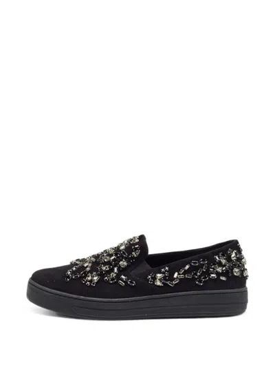 Pre-owned Prada Crystal-embellished Slip-on Sneakers In Black