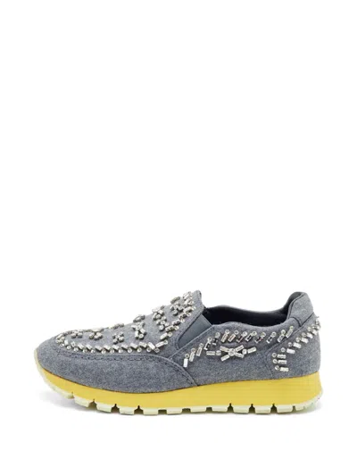 Pre-owned Prada Crystal-embellished Slip-on Sneakers In Gray