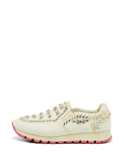 Pre-owned Prada Crystal-embellished Slip-on Sneakers In White