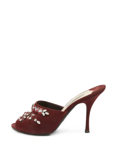 Pre-owned Prada Crystal-embellished Suede Heeled Mules In Red