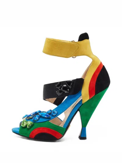 Pre-owned Prada Crystal-embellished Touch-strap Sandals In Yellow