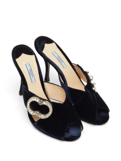 Pre-owned Prada Crystal-embellished Velvet Sandals In Blue