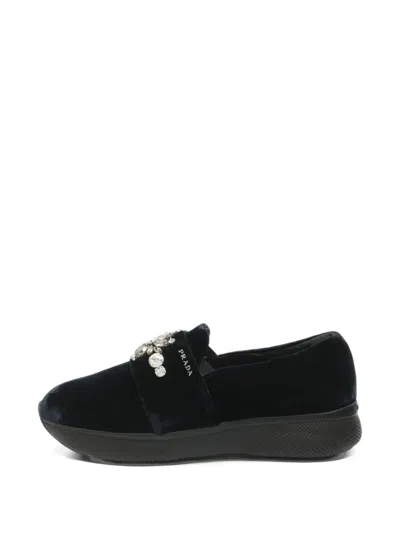 Pre-owned Prada Crystal-embellished Velvet Sneakers In Blue