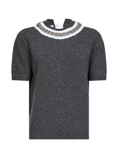 Prada Crystal-embellished Wool Sweater In Gray