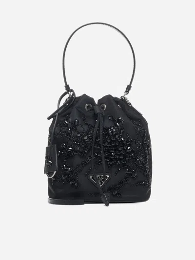 Prada Crystals Re-nylon Mini Bucket Bag In Black