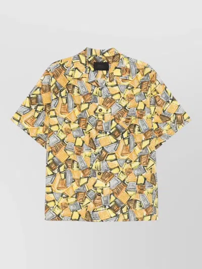 Prada Cuban Collar Shirt Geometric Pattern Detail In Brown