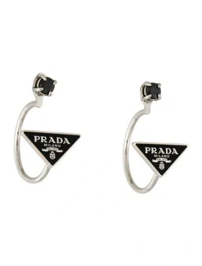 Pre-owned Prada Cubic Zirconia & Enamel Symbole Hoop Earrings In Black