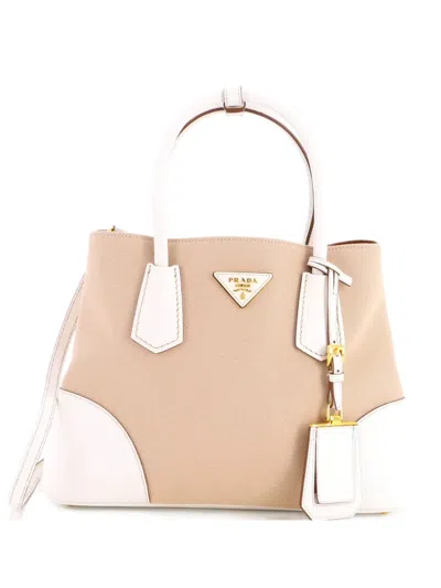 Pre-owned Prada Cuir Double Canvas And Saffiano Leather Medium Tote Bag In Neutral