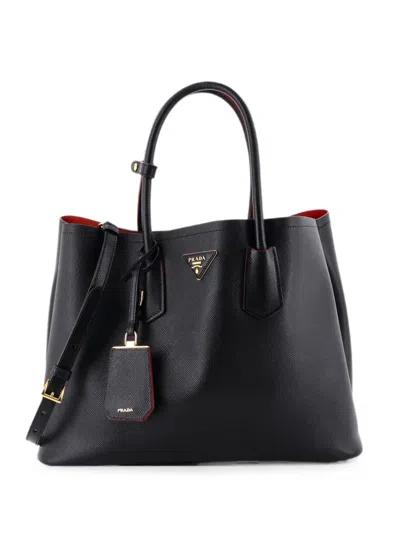 Pre-owned Prada Cuir Double Saffiano Leather Medium Tote Bag In Black