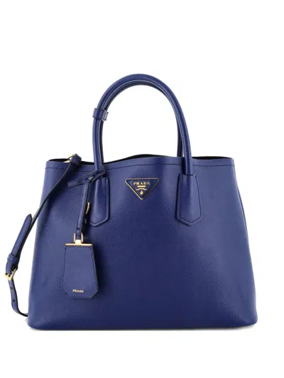 Pre-owned Prada Cuir Double Saffiano Leather Medium Tote Bag In Blue