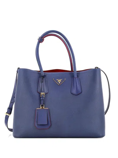 Pre-owned Prada Cuir Double Saffiano Leather Medium Tote Bag In Blue