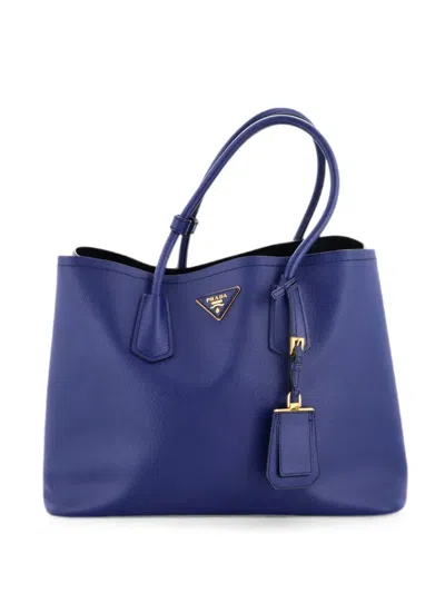 Pre-owned Prada Cuir Double Saffiano Leather Medium Tote Bag In Blue