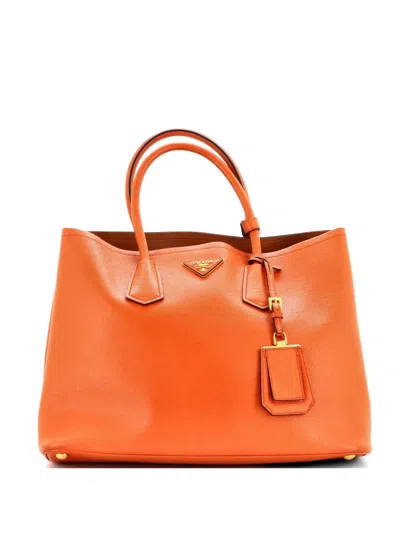 Pre-owned Prada Cuir Double Saffiano Leather Medium Tote Bag In Orange