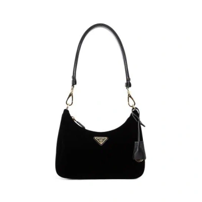 Prada Curved Black Shoulder Bag With Gold-tone Logo Plaque