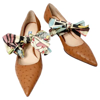 Pre-owned Prada Custom Brown Leather Ostrich Embossed Kitten Heels With Removable Bow