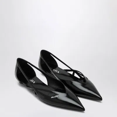 PRADA PRADA  CUT OUT BLACK BRUSHED LEATHER BALLERINA