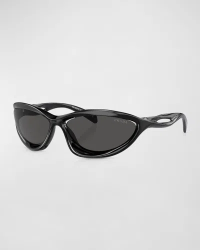 Prada Cut-out Propionate & Plastic Wrap Sunglasses In Dark Grey