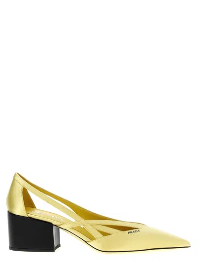 Prada Pastel Yellow Satin Pumps In Gold