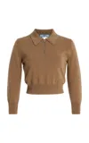 Prada Cutout Cropped Cashmere Polo Sweater In Brown