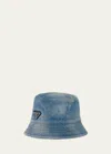 Prada Womens Blue Brand-plaque Wide-brim Denim Bucket Hat In F0v3n Light Blue